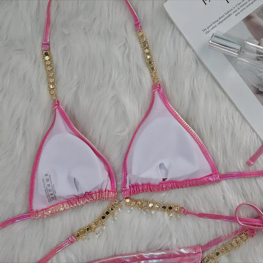 DEKA Shiny Diamond Chain Bikinis Set Mujer Two Pieces Crystal diamond Swimsuit Women Thong Swimwear Sexy Halter Swimsuit