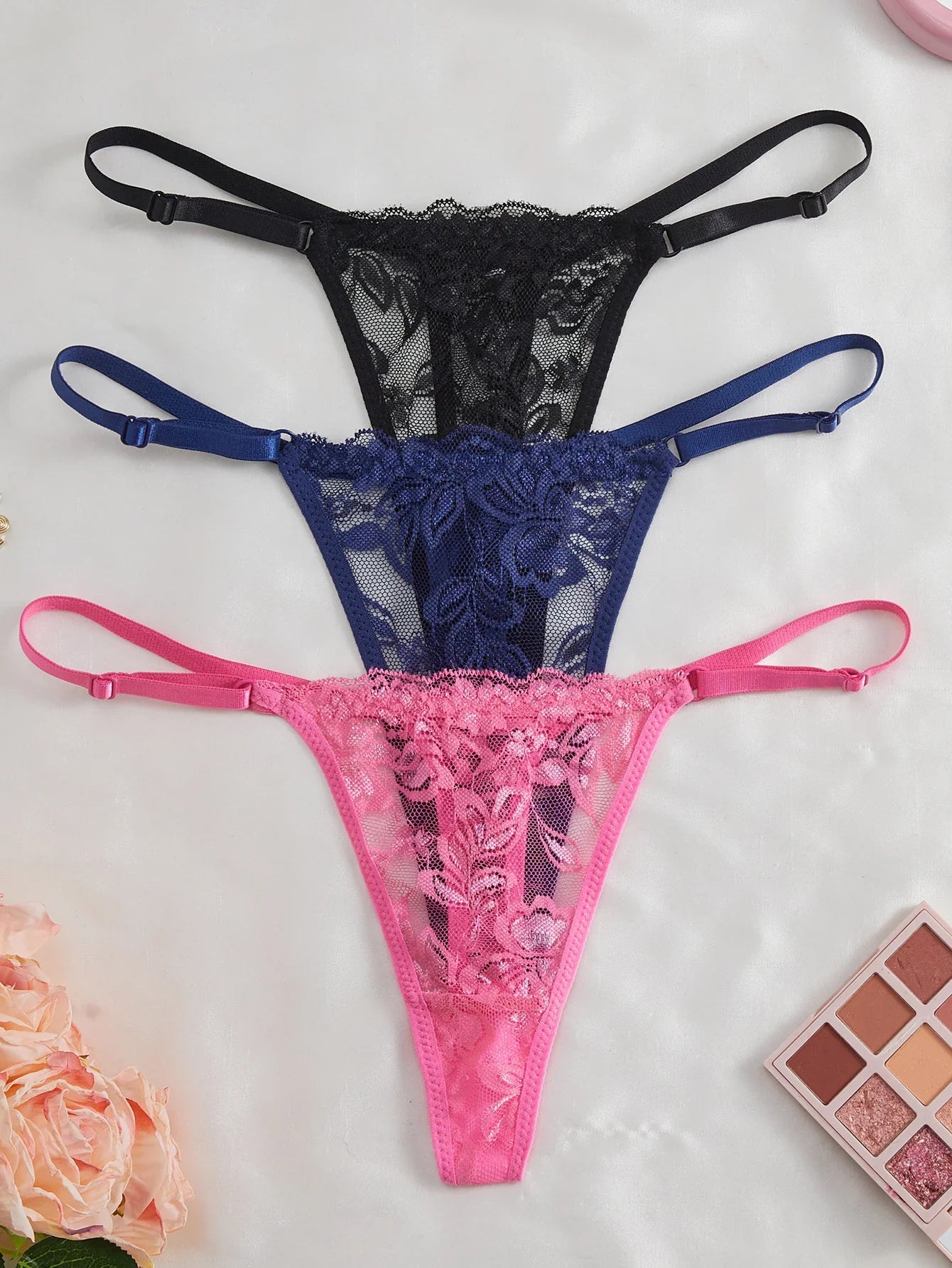 3Pcs/Set Women Sexy Floral Lace Thong Panties Low Waist Hollow Lace Sexy Lingerie Adjustable Thin Strap Underwear