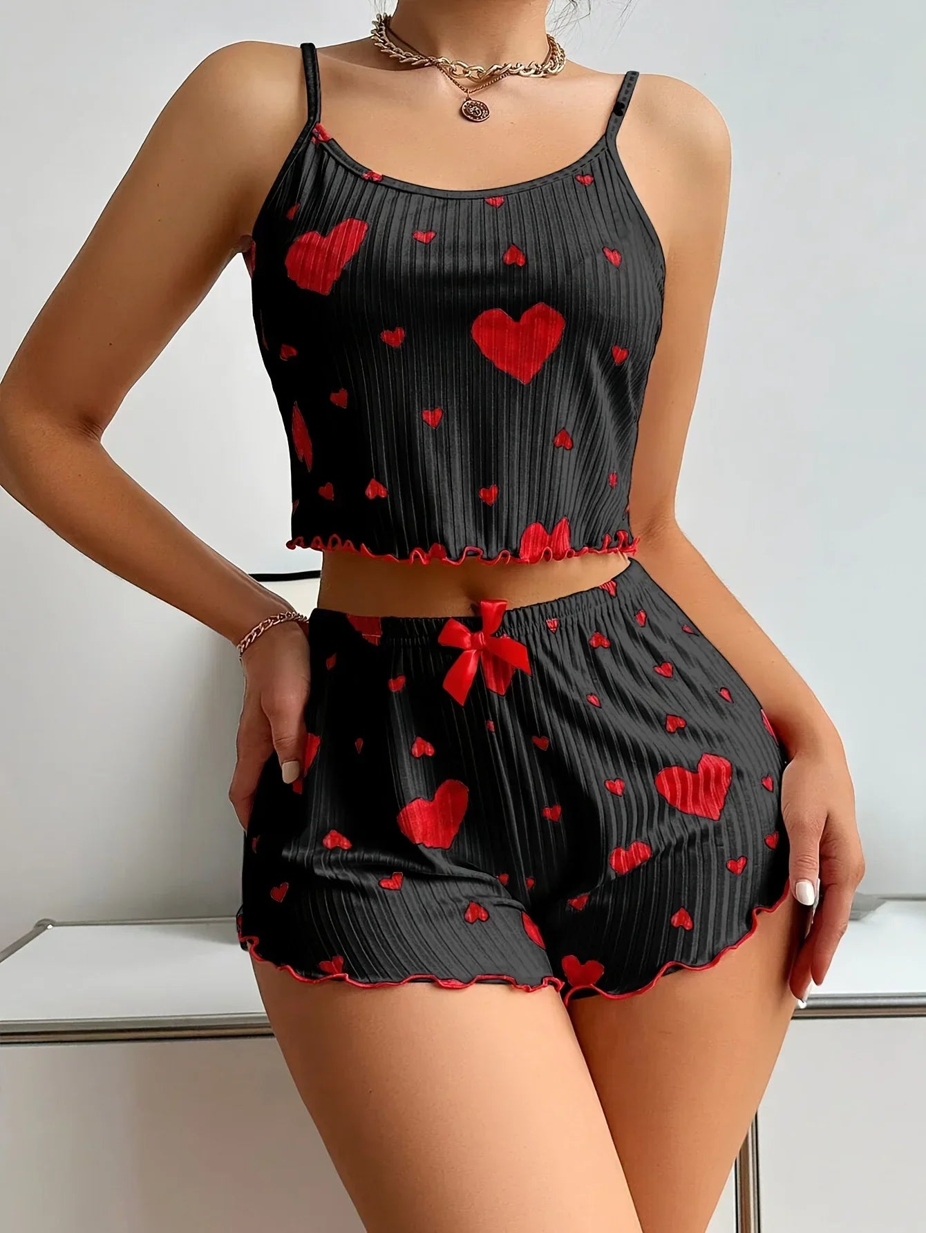 Summer Sleepwear Women 2 Pieces Pajama Set Homewear Heart Print Camisoles and Shorts Sexy Lingerie Nighty Underwear