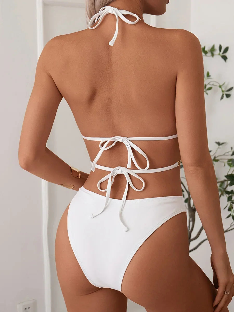 Halter Wrap Around Shell Decorated Bikini Women Swimwear Female Swimsuit Two Pieces Bikini Set Bathing Swimming Swim Suit Swim