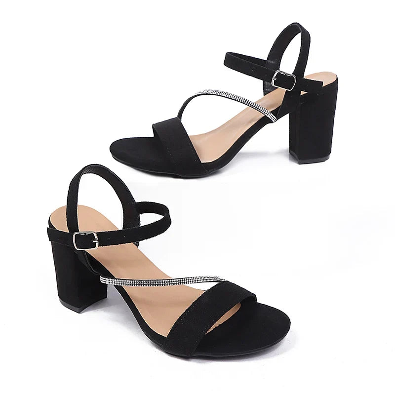 Fashion Crystal Strap Block Heel Sandals Women Plus Size 43 One Strap High Heels Sandalias Mujer Anti Slip Black Party Shoes
