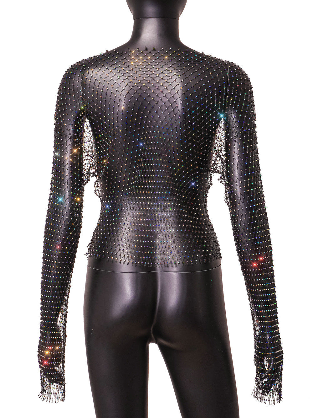Women Rhinestone Fishnet T-shirt Solid Color Long Sleeve Crop Tops See Through Hollow Out Sexy Shirts Female Smock Tops