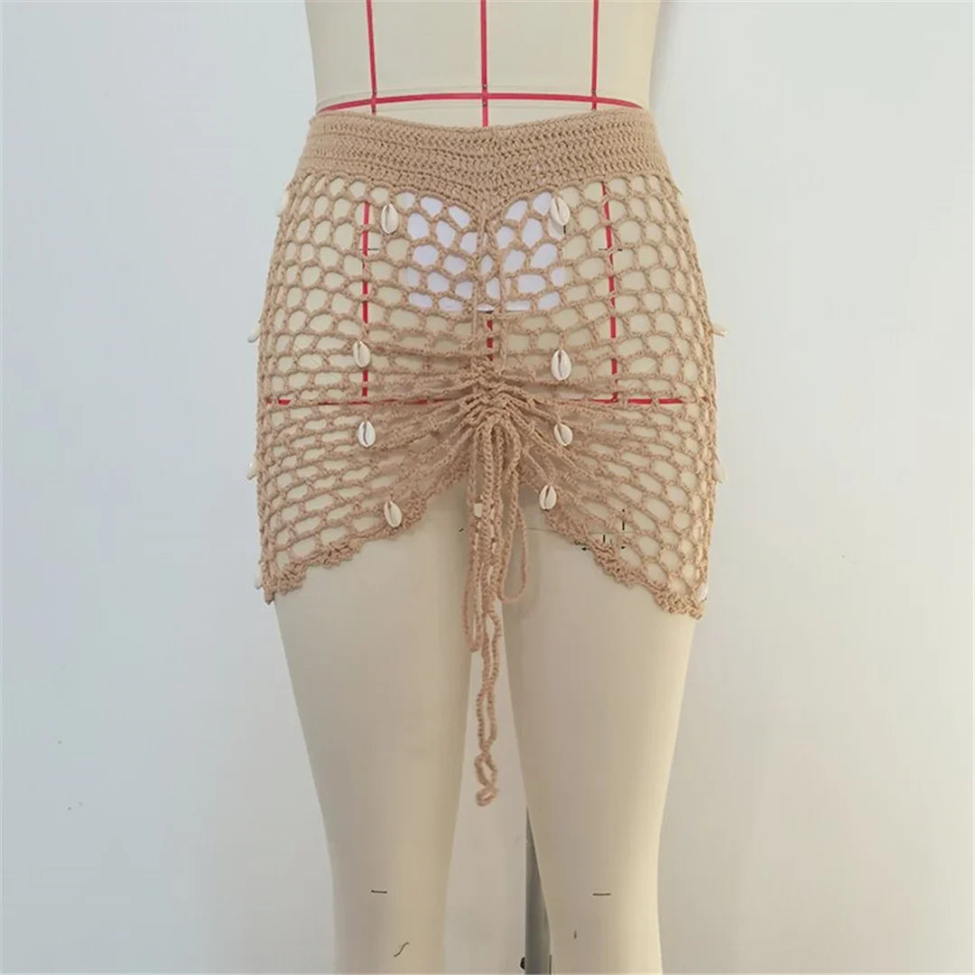 Hollow Out See Through Shell Crochet Knitted Beach Skirt Cover Up Cover-ups Beach Dress Beach Wear Beachwear Female Women V6479