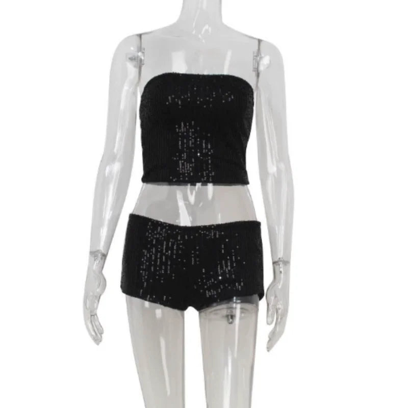 Ahagaga Sexy Club Sequins Women's Suits Sets Fashion Solid Slim Wrapping Chest Sleeveless Tracksuits 2Pcs (Tops+Short Pants)