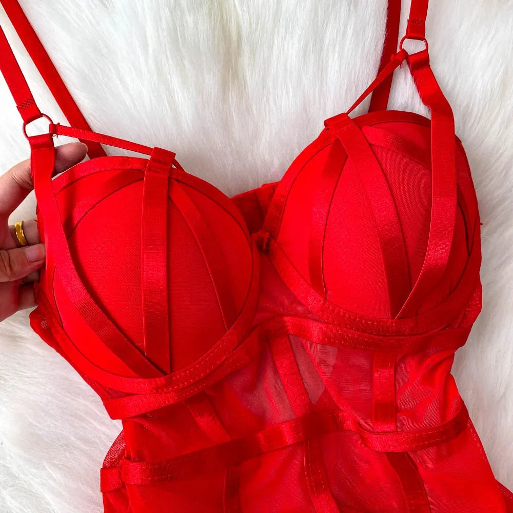 MOYISU Sexy Instagram Viral Bodysuit Women Pure & Sexy Sheer Mesh Halter Push Up Pads Summer Lingerie Euro Style Hot Sale SG