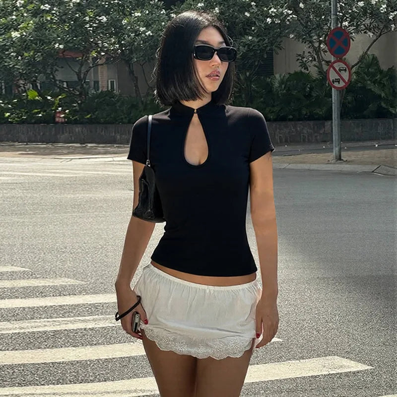 FDYOUI Fashion Stand Collar Button Hollow Out T-shirt for Women 2026 Sexy Short Sleeve Slim Cropped T Shirts Black Wine Red Tops