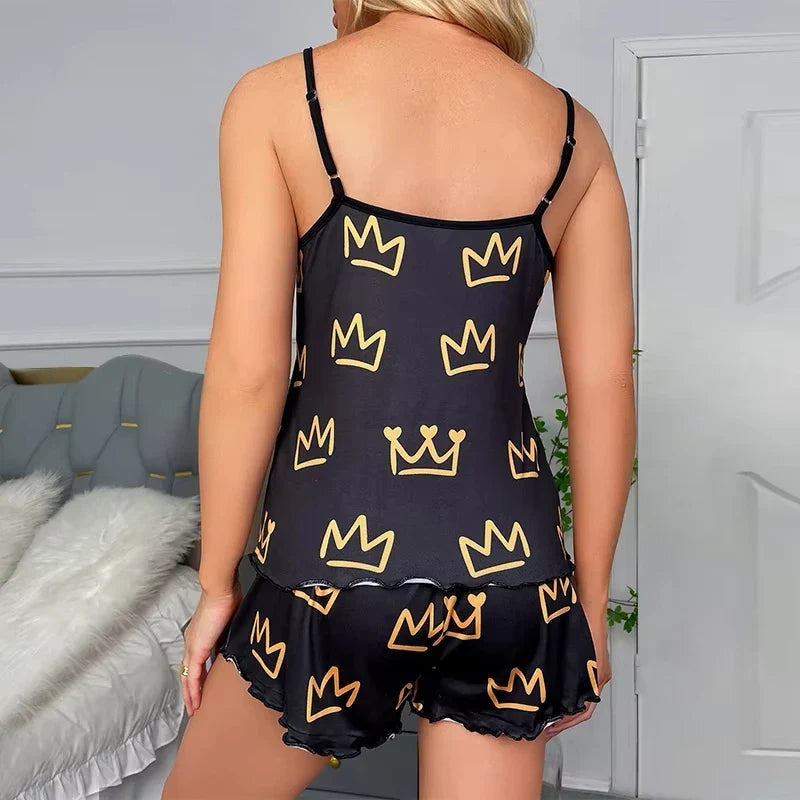 Summer Y2K Cute Cartoon Crown Print Sleepwear Women 2Pcs Crop Top and Shorts Pajamas Set Loungewear Sexy Pyjamas