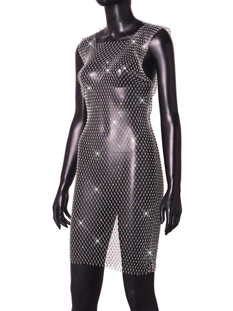 XS-2XL 15 Colors Rhinestones Fishnet Dress O-Neck Grid Swimsuit Bikini Cover Up Beach Pool Party Cover-ups for Swimwear Women