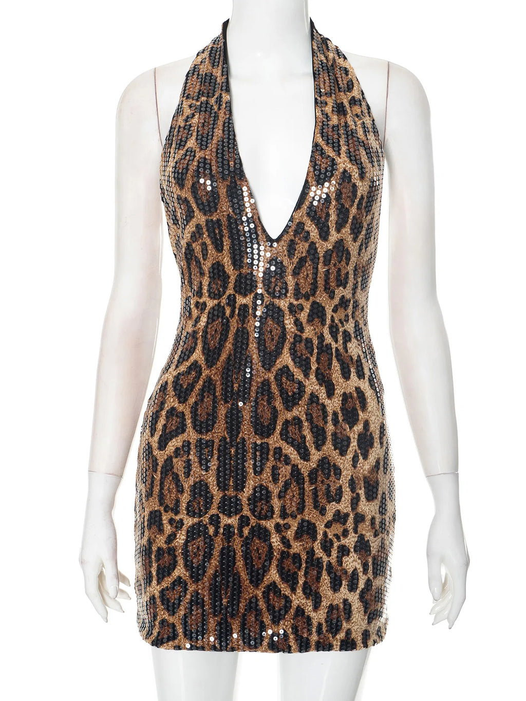 Sexy Halter Neck Off Shoulder Leopard Print Mini Dresses for Women Sleeveless Backless Sequins Skinny Party Night Club Dress