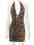 Sexy Halter Neck Off Shoulder Leopard Print Mini Dresses for Women Sleeveless Backless Sequins Skinny Party Night Club Dress