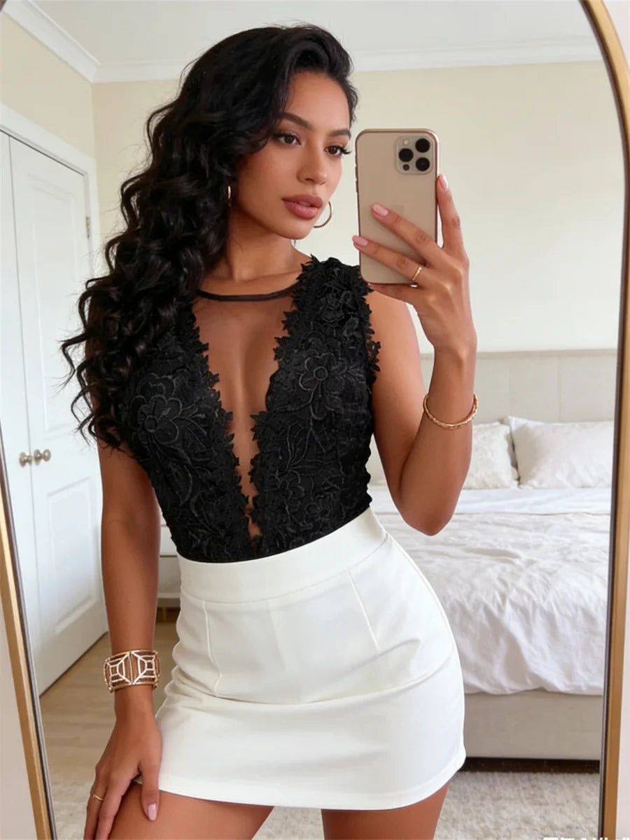Sexy Lace Floral Bodysuits Women Summer Sleeveless V Neck Bodycon Bodysuit Jumpsuit Party Club Vintage Body Top Femme