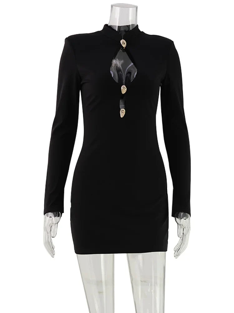 Ahagaga Fashion Women's Mini Dress Solid Hollow Out Regular Long Sleeves Sheath Bodycon Sexy Club Basic Casual Streetwear Female