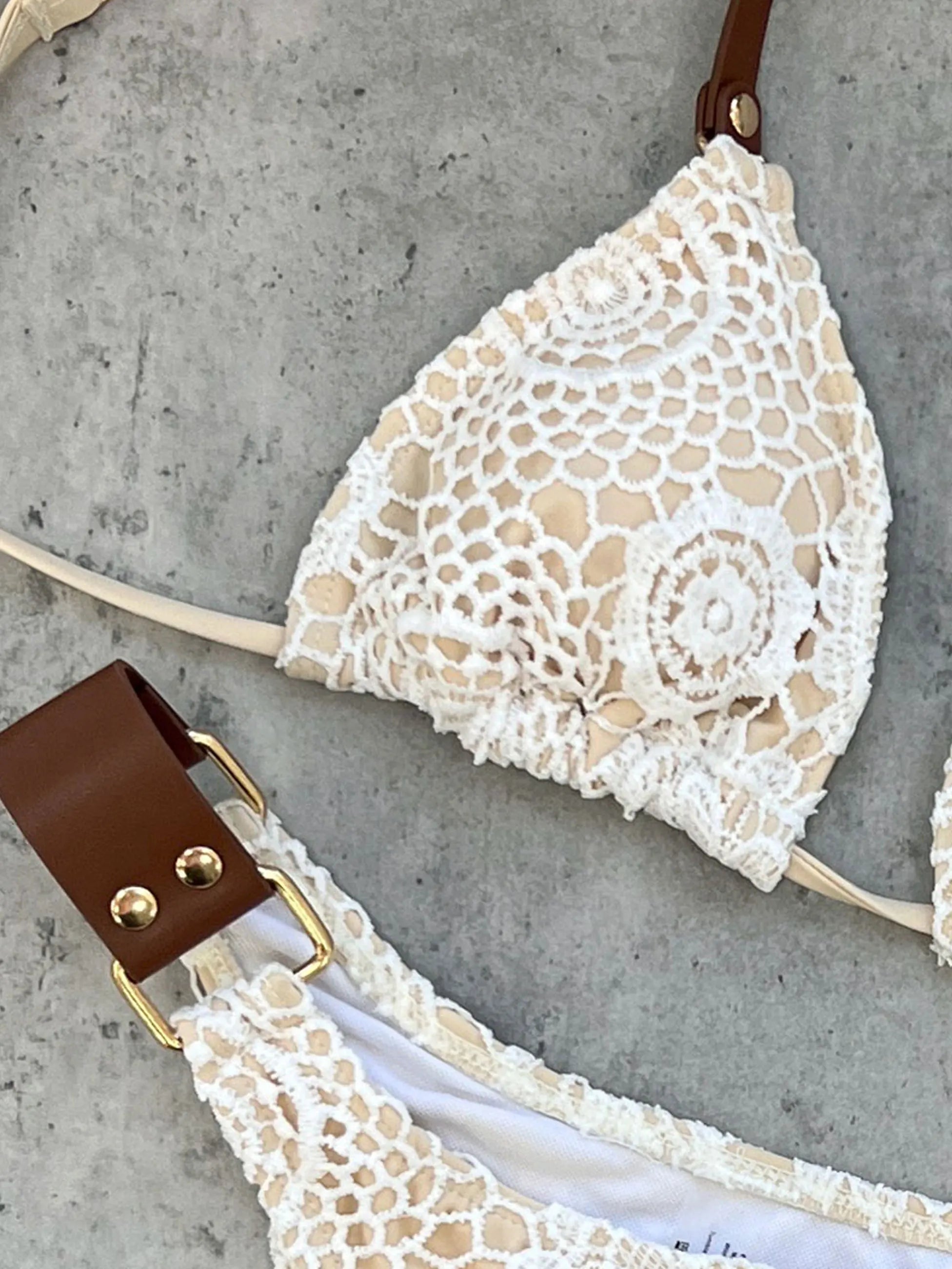 2025 Boho Crochet Bikini Set Cream Knit with Leather Straps Metal Buckles Perfect for Beach Wear Pool Parties Summer Getaways