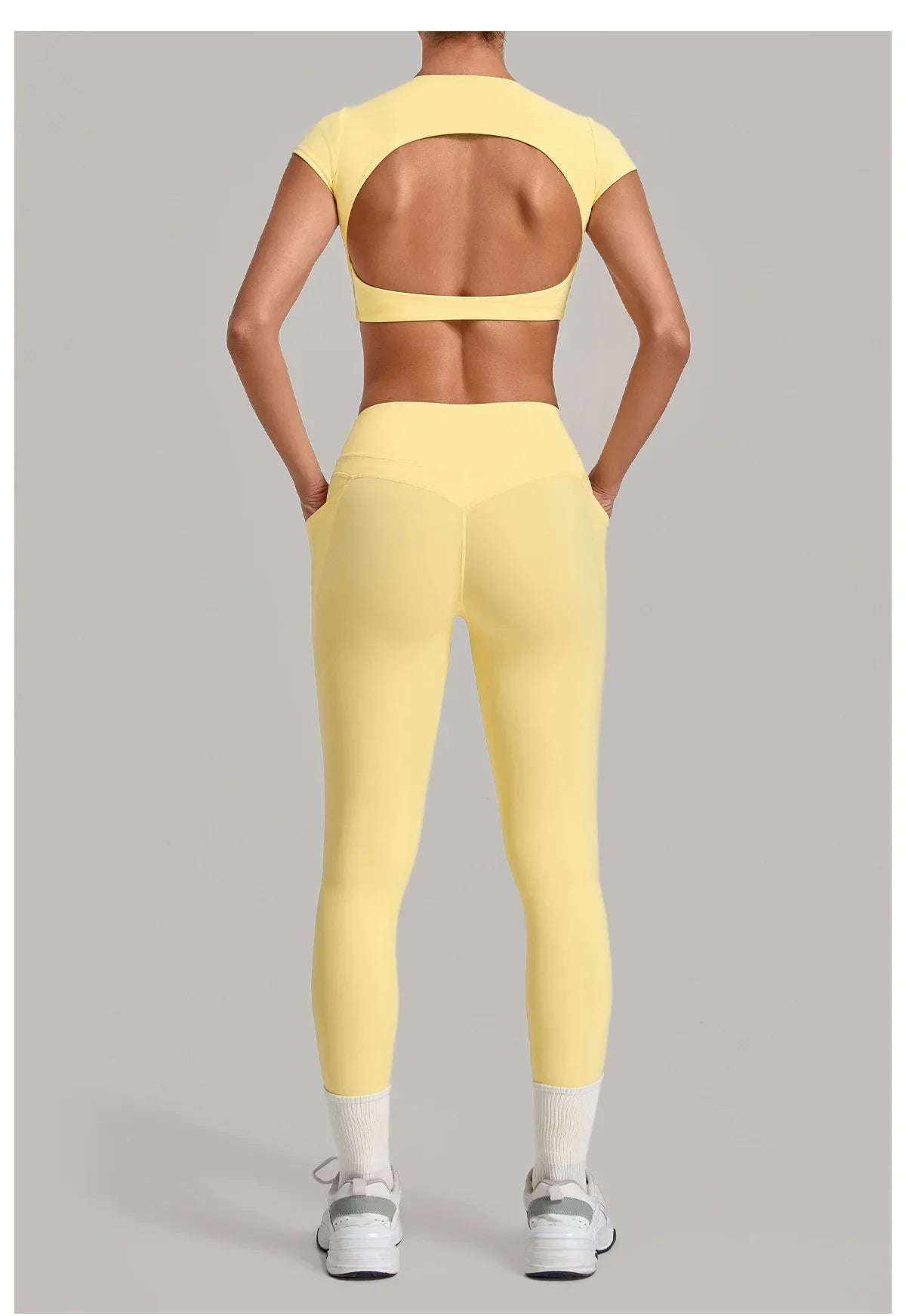 Yoga Set Women's Tracksuit Short Sleeve Back Hollow Out Sports Top Athletic Wear Tight High Waist Pocket Leggings Fitness Suits
