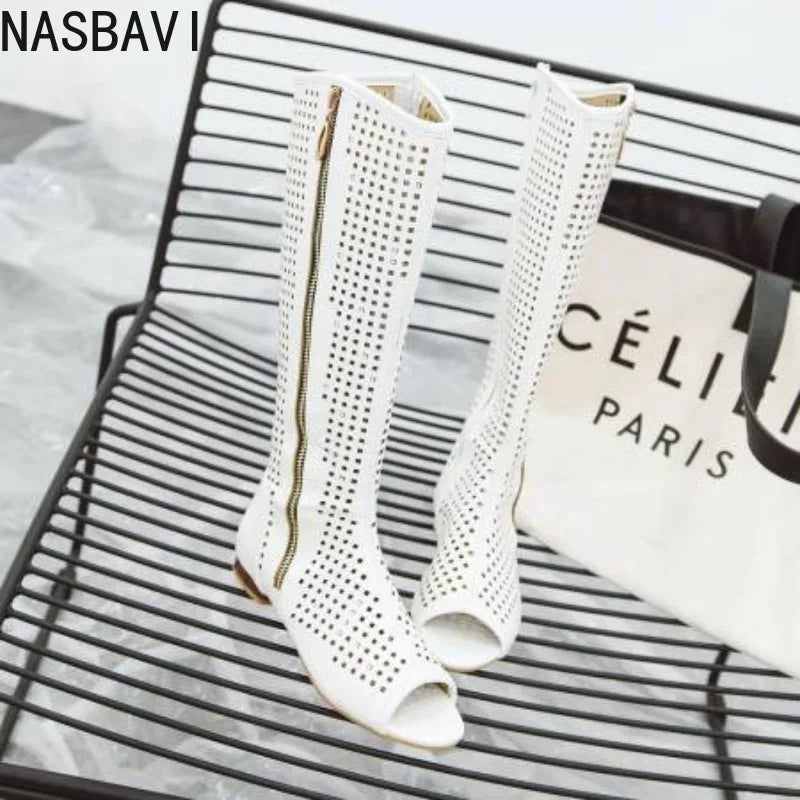 NASBAVI Fashion Women Flats Knee High Summer Boots Peep Toe Square Heels Fretwork Party Shoes Retro Rome Sexy Ladies Footwear
