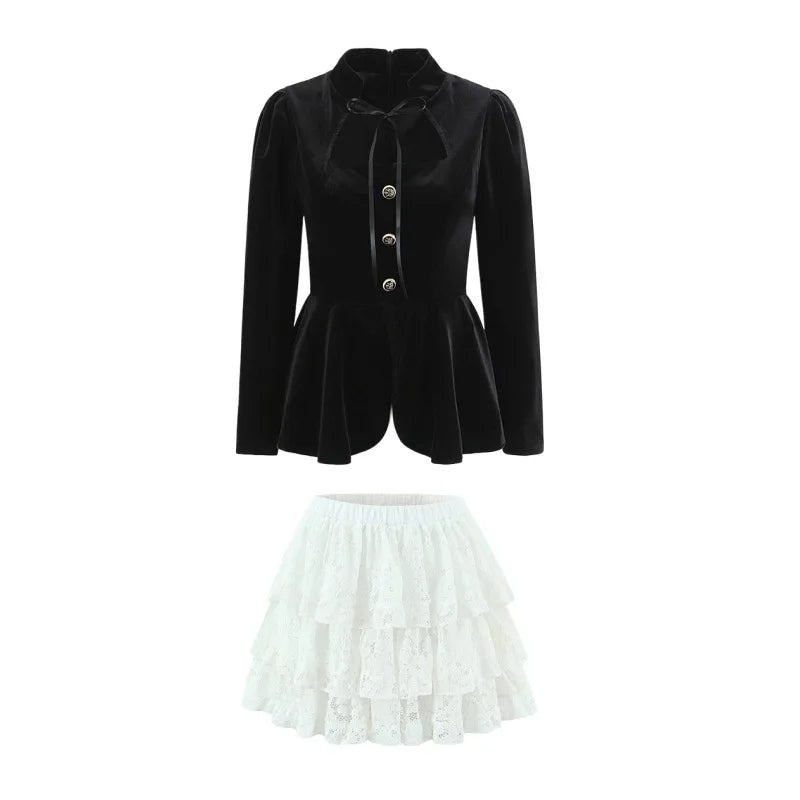French-style Elegant Stand-up Collar Tie-waist Slim-fit Pleated Long-sleeve Shirt For Women With Waist Lace Cake Skirt QXS5