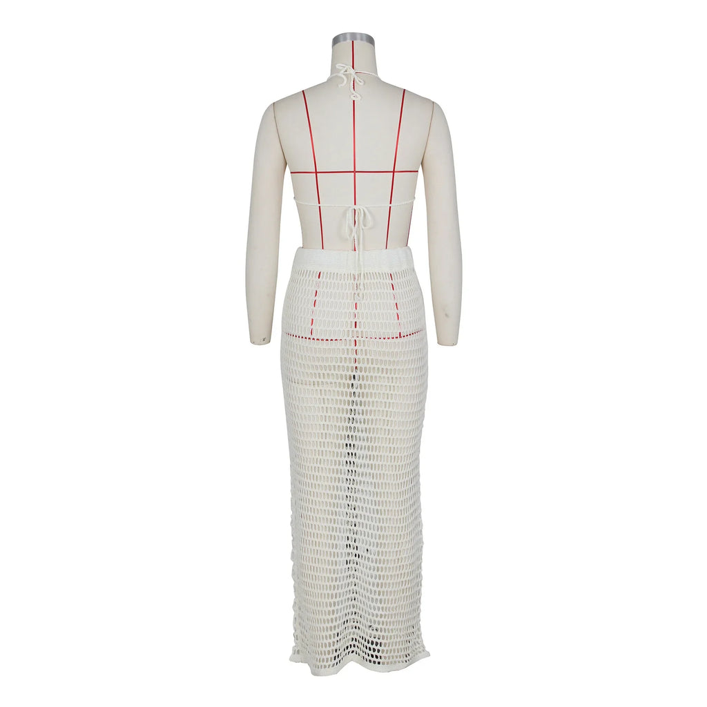 DEKA Beach Cover Up High Split Crochet Knitted Tunic Beach Dress Beach Wear Beachwear Women Long Knit Hollow Tassels Skirt Suit