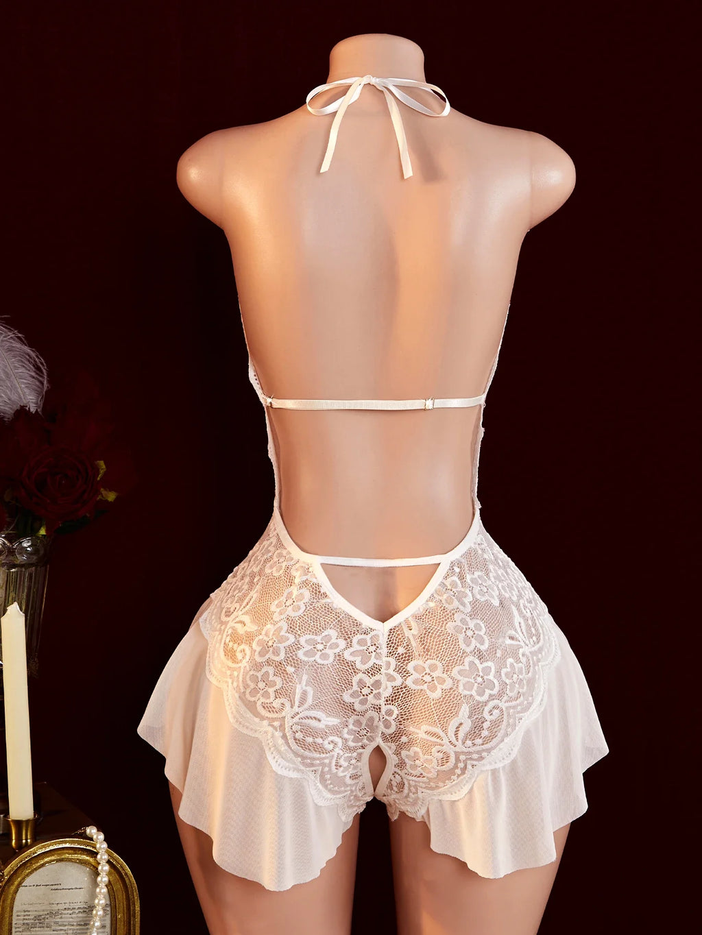 Sexy Crotchless White Underwear Women Lace Hollow Bra Set Erotic Costume Teddy Baby Doll Dress Deep V Open Bra Porn Lingerie Set