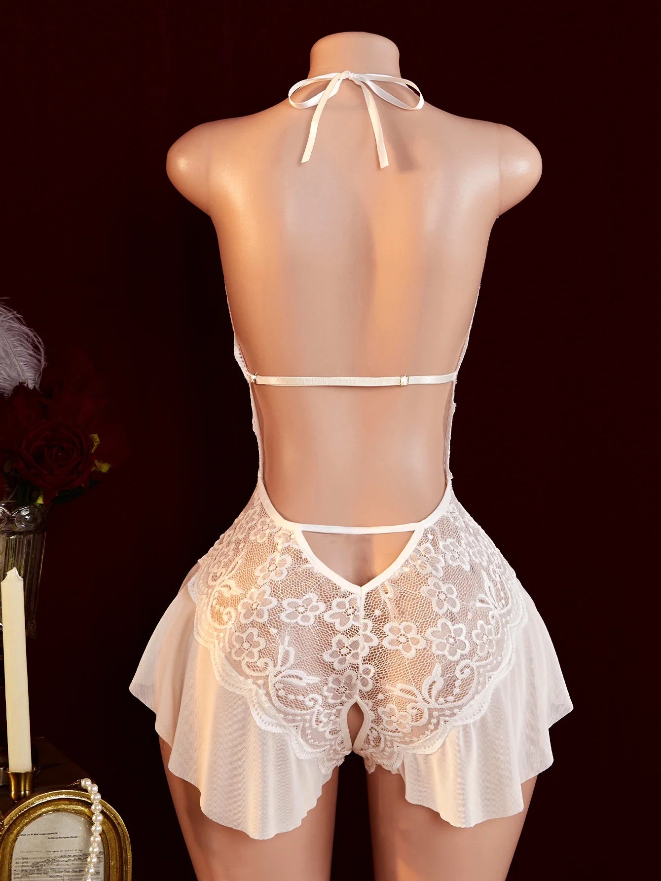 Sexy Crotchless White Underwear Women Lace Hollow Bra Set Erotic Costume Teddy Baby Doll Dress Deep V Open Bra Porn Lingerie Set