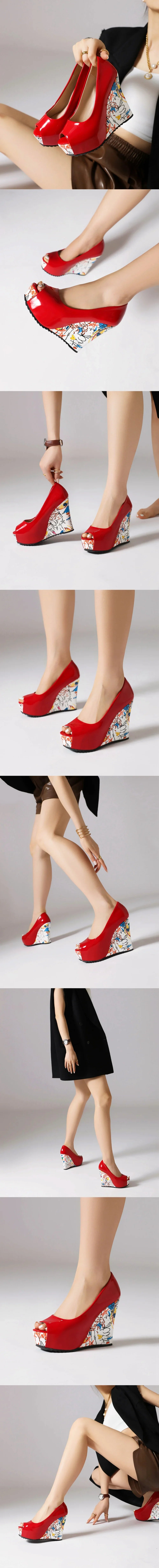 2026 New Big Size 33-43 Summer White Bohemian Graffiti Platform Pumps Slip On Black Red Chunky High Heels Wedges Shoes Women