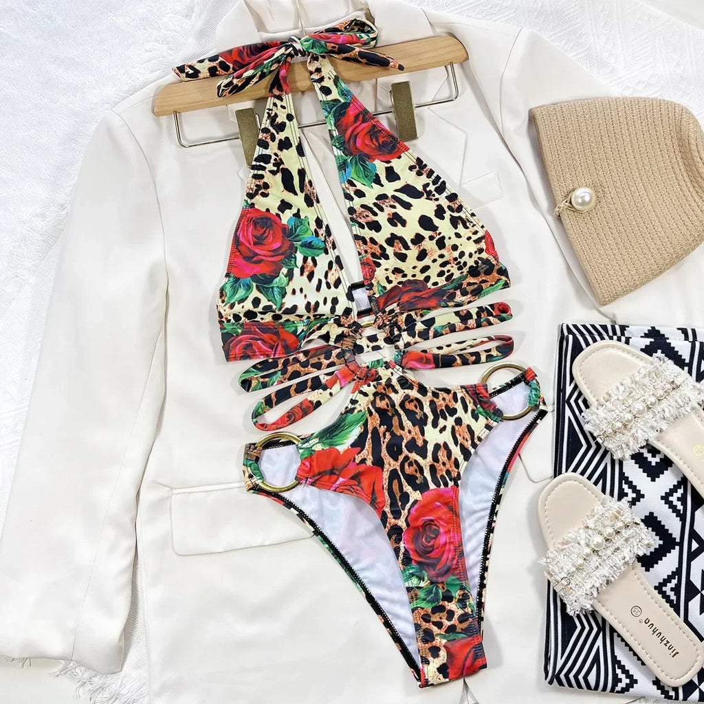 Sexy One Piece Swimsuit Swimwear Women Leopard Hollow Deep V-neck Halter Bathing Suit Beachwear Big Metal Ring Bikini 2026 Mujer