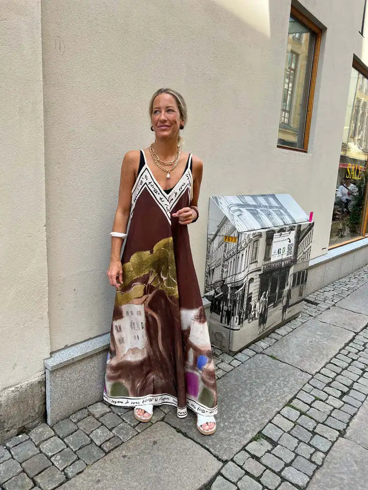 Casual Vacation Style Print Spaghetti Strap long Dresses Women Sexy V-neck Backless Loose Sleeveless Dress Female Summer New