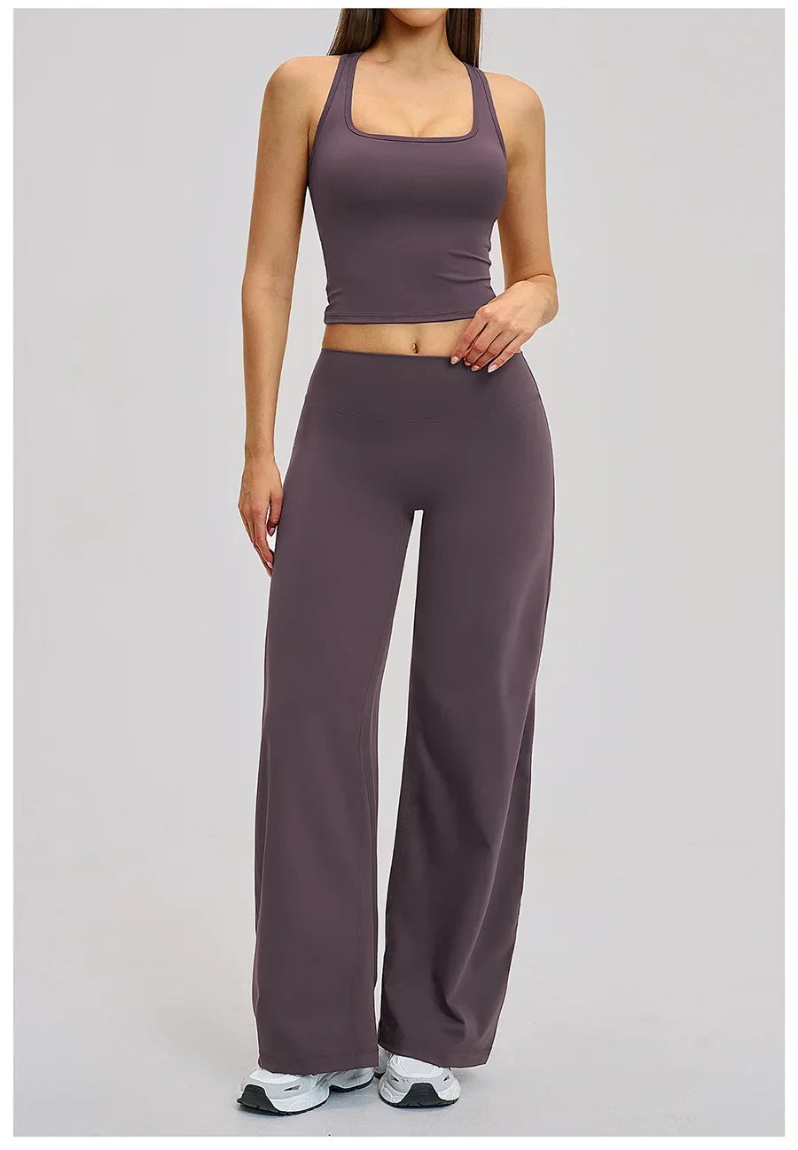2 Piece Yoga Clothes Women Tracksuit Athletic Wear Pilates Fitness Suit Gym Workout Sets Push Up Sports Vest Wide Leg Pant Suit