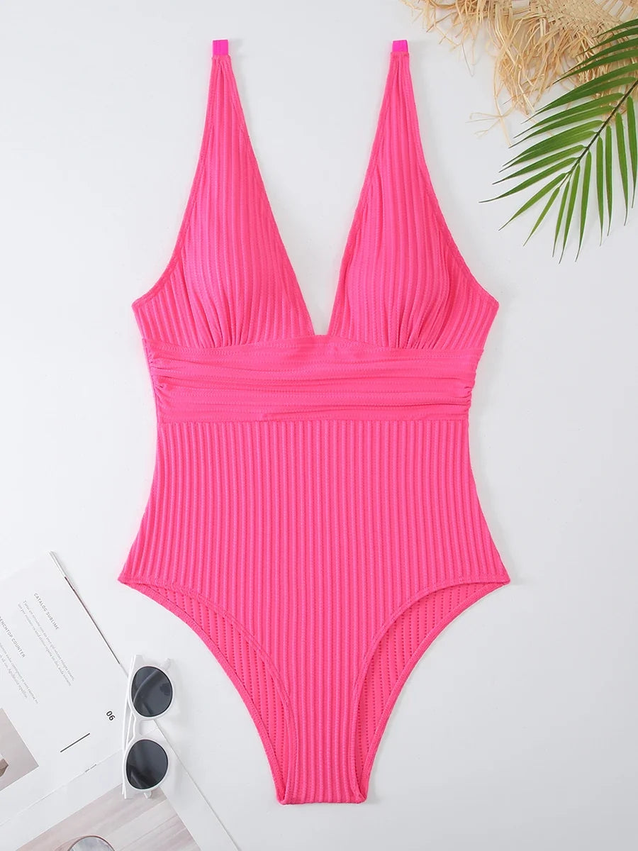 2026 V Neck Swimsuit One Piece Solid Vintage Swimwear Women One-piece Bathing Suit Female Padded Beach Wear Swimming Beachwear
