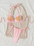 sexy 3d sequine flower pink bikinis sets two pieces swimsuits halter tie thong Swimwear Biquini conjunto de bikini tankini