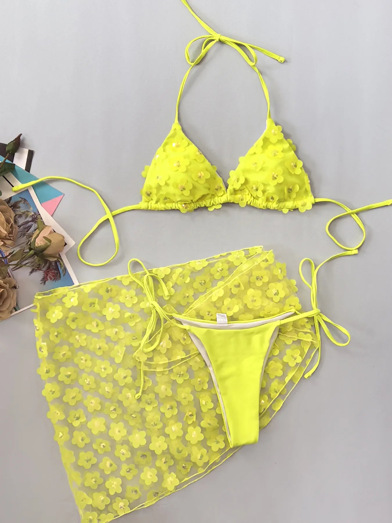 Women Yellow flower Bikinis Sets Three Pieces with Perspective Mesh Cover Skirt Halter String Swimsuit Bathing Suit Biquini
