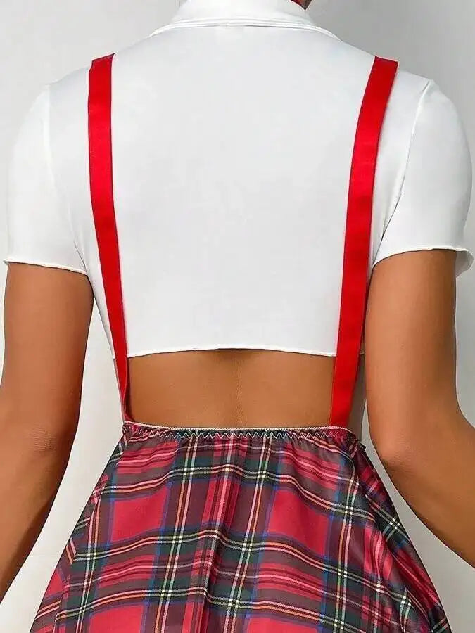 New Sexy Role Play Mesh JK Uniform Sexy Schoolgirl Outfit Women Corset Top Plaid Checkered Mini Skirt With Suspenders Charm TYHF