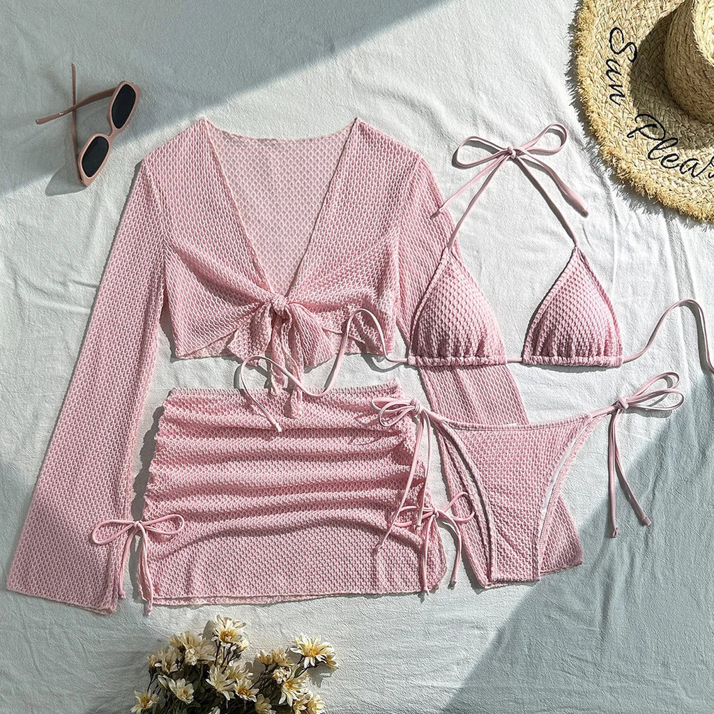 9 Colors New Long Sleeve With Skirt Bikini Female Swimsuit Women Swimwear Four-pieces Bikini set Bather Bathing Suit Swim V6358P