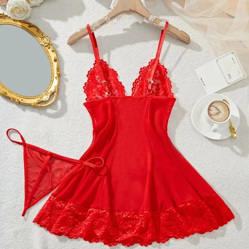 Ultra Sexy Women Hot Erotic Crotchless Lingerie Transparent Lace Dress Sleepwear Pajamas Set Sex Clothes lencería