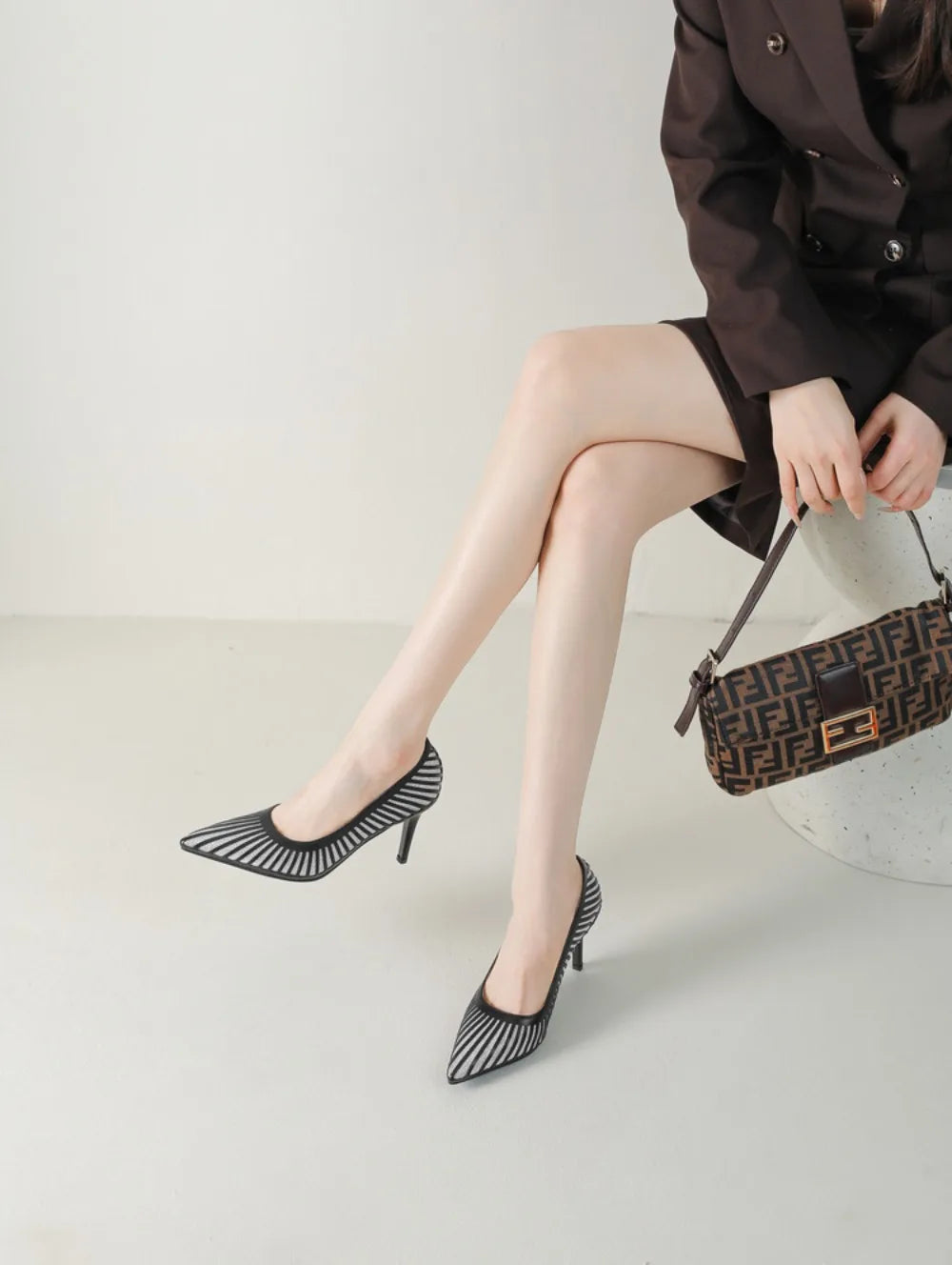 Women 8CM Pointed Toe High Heels Slip on Stiletto Pumps Dress Party OL Office Classic Stripes Single Shoes Gold Silver New 2026