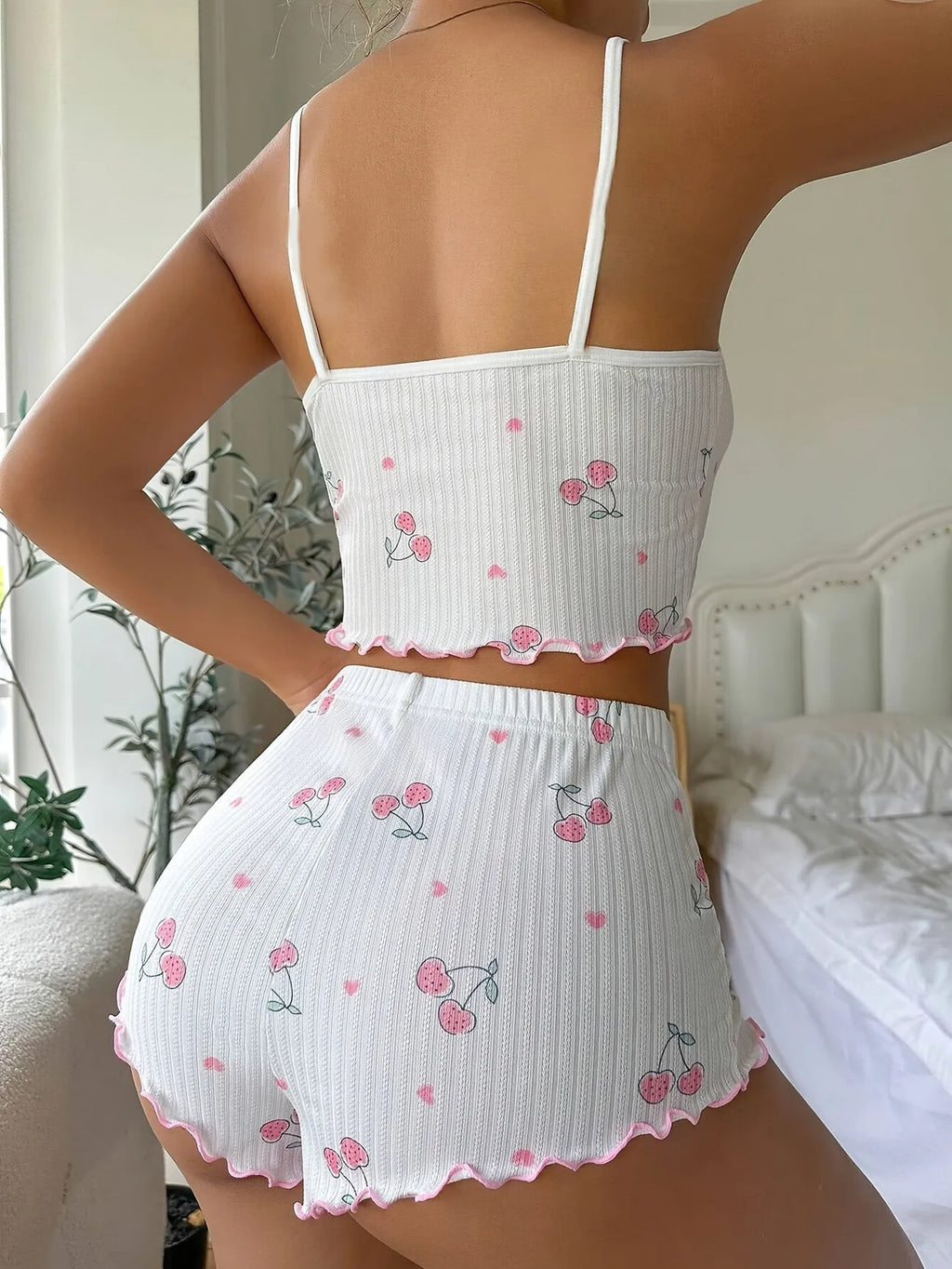 Women's Black Cherry Print Camisole Shorts Pajama Set, Ribbed Scalloped Hem, Cute Double Bow Loungewear for Summer