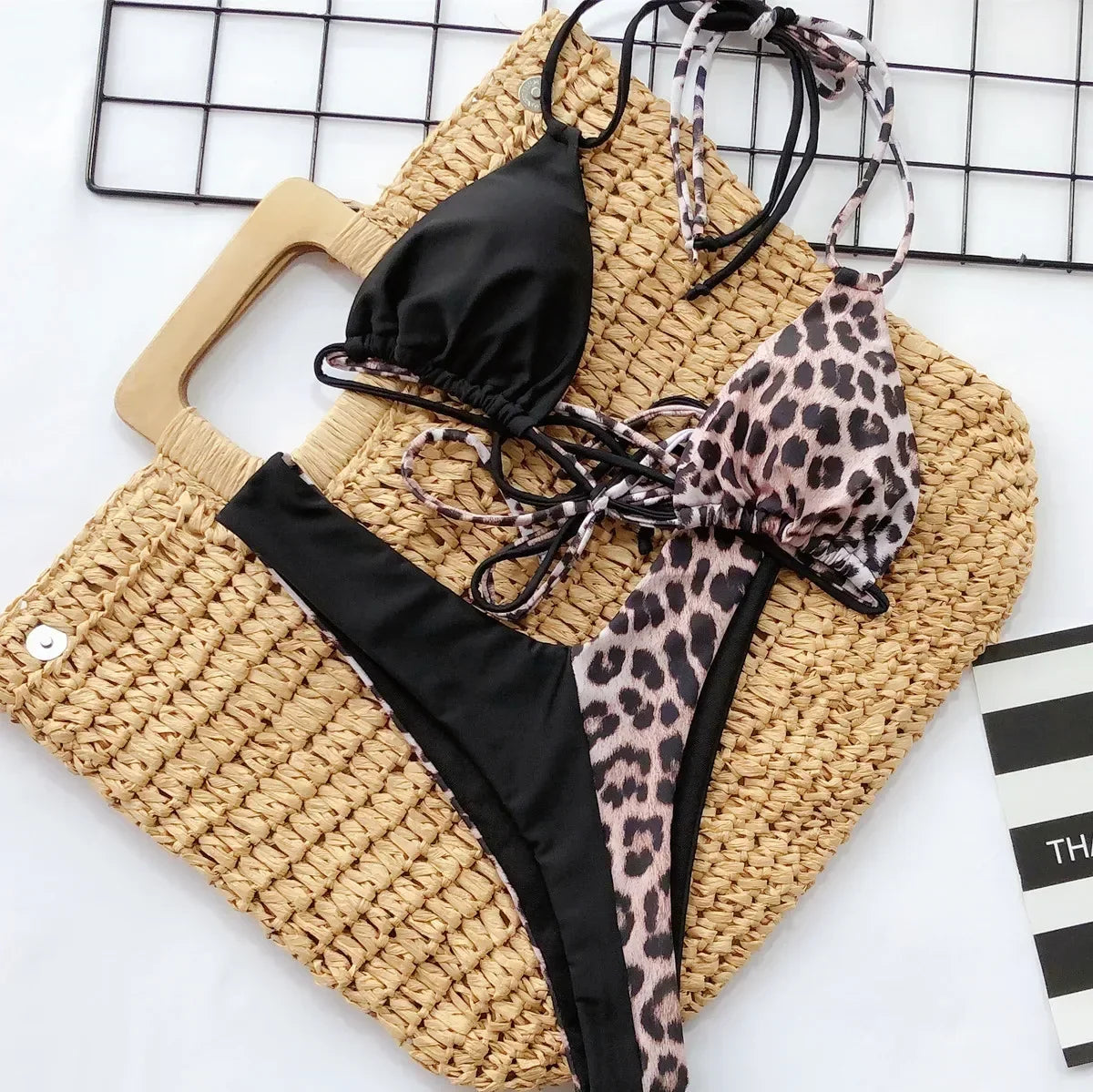 2026 Sexy Bikini Women Swimwear Swimsuit Leopard Patchwork Double-rope Halter Bikinis Set Bathing Suit Beach Bikinis Para Mujer