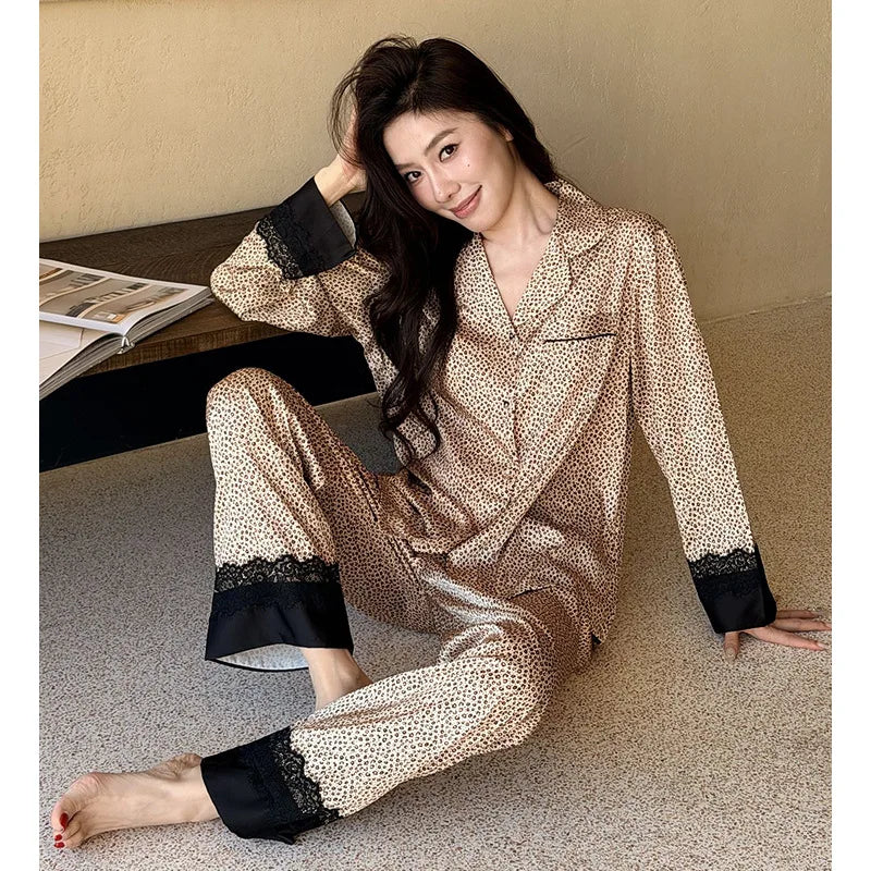 2026 Pajamas for Women Ice Silk Sexy Lace Small Leopard Print Long Sleeve Home Clothes Pajamas Set Can Be Weared Outside