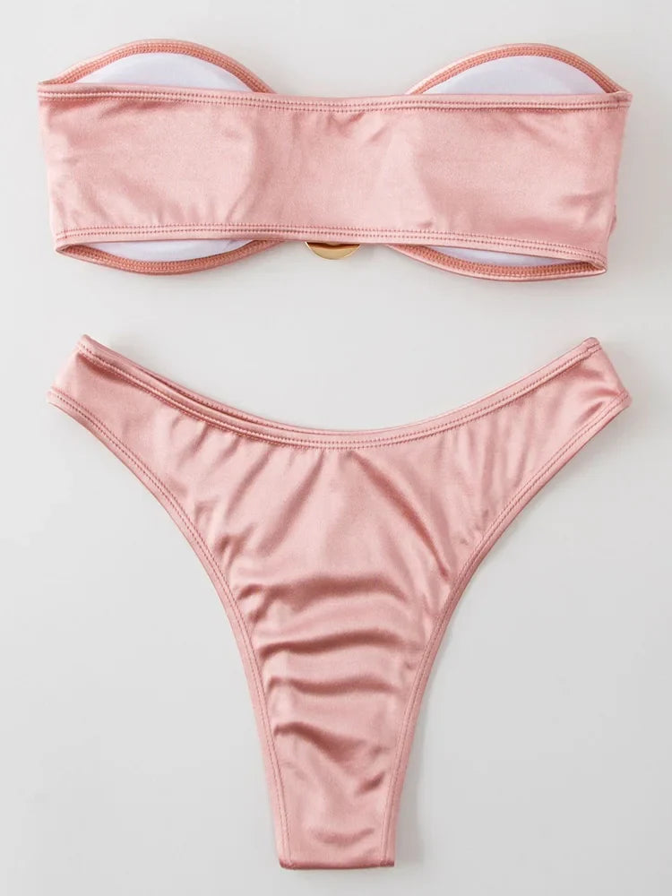 Bandeau Bikinis 2025 Strapless Satin Bikini Female Swimsuit Women Swimwear Two-pieces Bikini Set High Cut Bathing Suit Swim Lady
