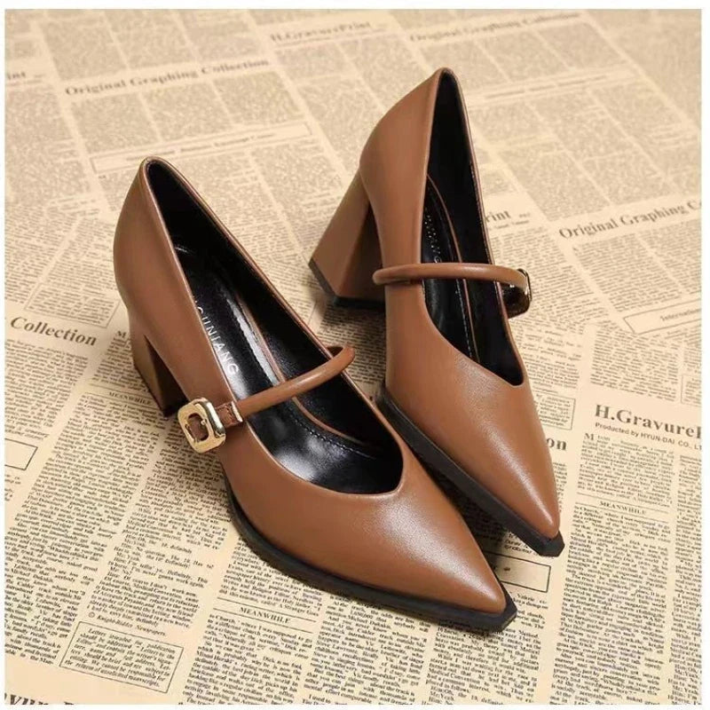 Single Shoes Fashion Pointed Toe Not Tired Feet One Word Belt Soft Sole Non-slip Block Heel Leather Shoes