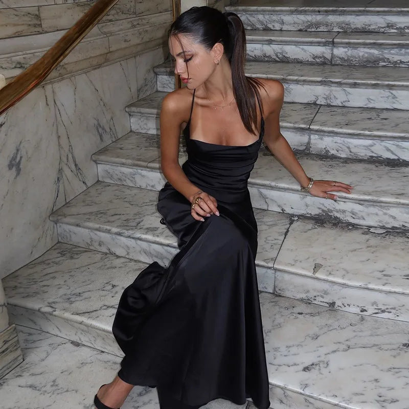 FDYOUI Women's Bandage Long Maxi Satin Dress Black 2026 Sexy Spaghetti Strap Slash Neck Backless Lace-up Party Evening Dresses