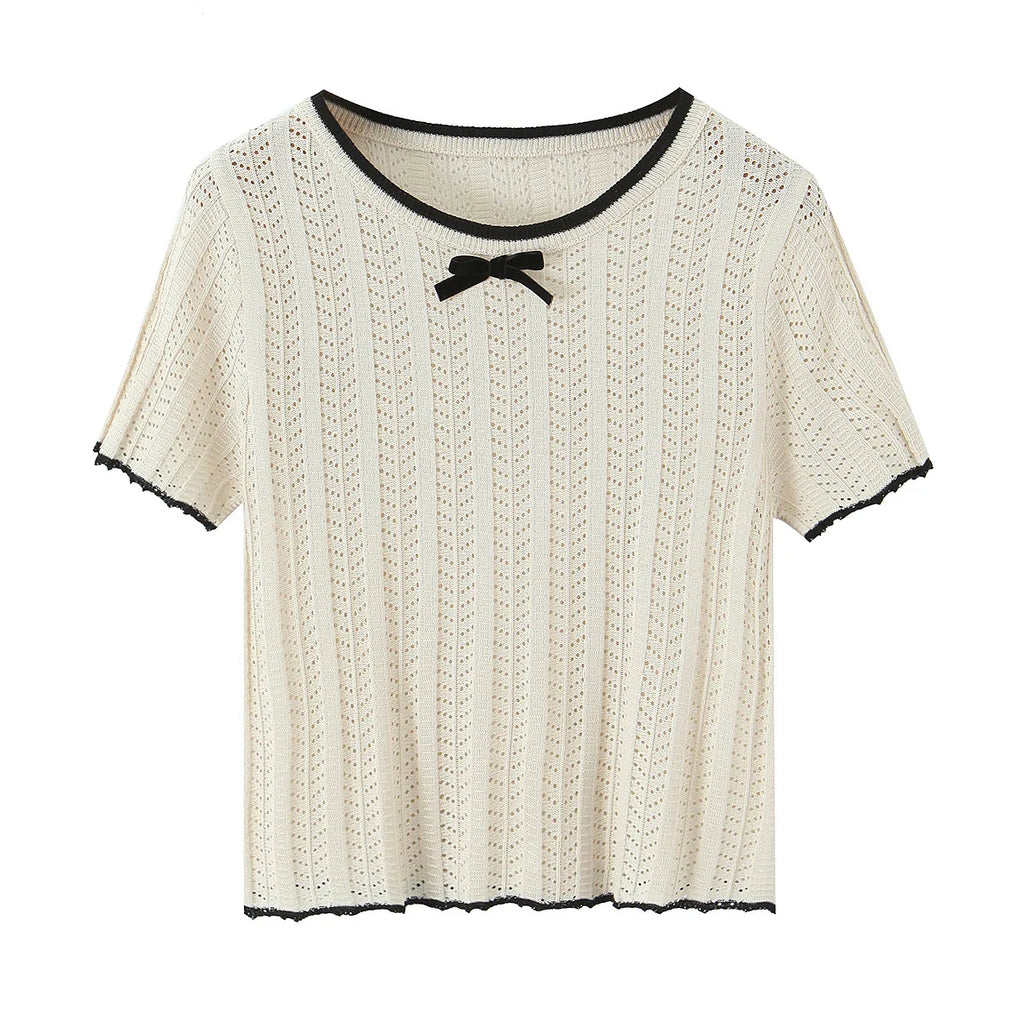 Fashion Casual Knitted Shirt With Black Trim Bow Knit T Shirt Short Sleeve Hollow Out Crew Neck Top For Women Daily Outfit EMZE