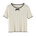 Fashion Casual Knitted Shirt With Black Trim Bow Knit T Shirt Short Sleeve Hollow Out Crew Neck Top For Women Daily Outfit EMZE