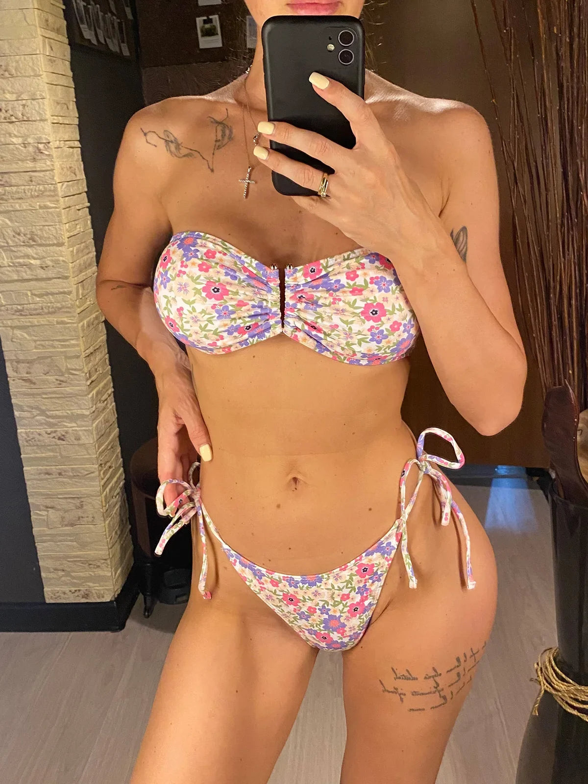 XS - L Flowers Printed Floral Bandeau Bikini Female Swimsuit Women Swimwear Two-Pieces Bikini Set Bather Bathing Suit Swim V5453