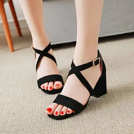 Big Size Casual Women Sandals Black Flock 7cm High Square Heels Peep Toe Summer Cross Buckle Strap Party Office Red Lady Sandals