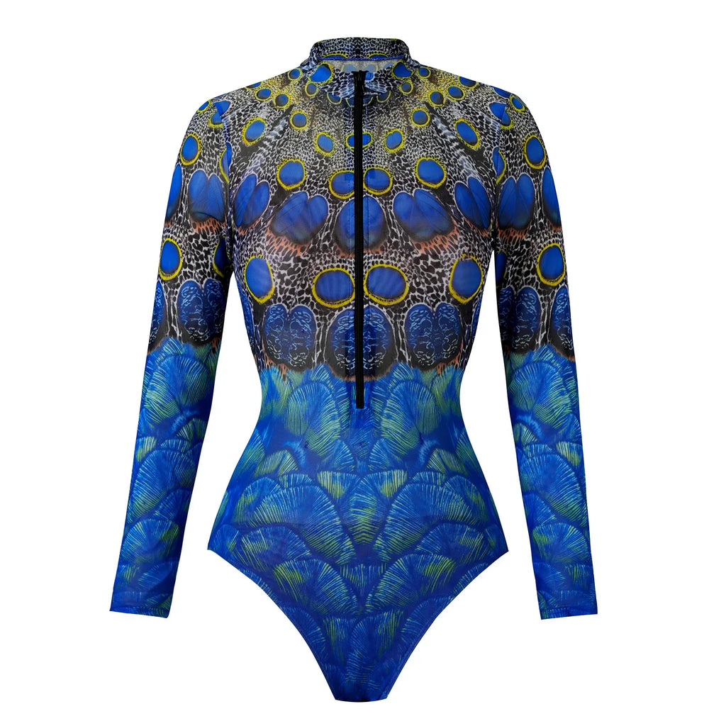 Vintage Sunscreen One Piece Swimsuit Skirt Set Women Peacock Print Long Sleeve Zipper Swimwear Beach Bathing Suit Monokini 2025