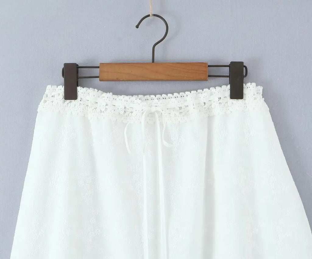 White Cotton Summer Skirt Women Embroidery A-line Long Skirt Spring Lace Up Beach Bobho Skirt Bottoms High Quality Faldas Mujer