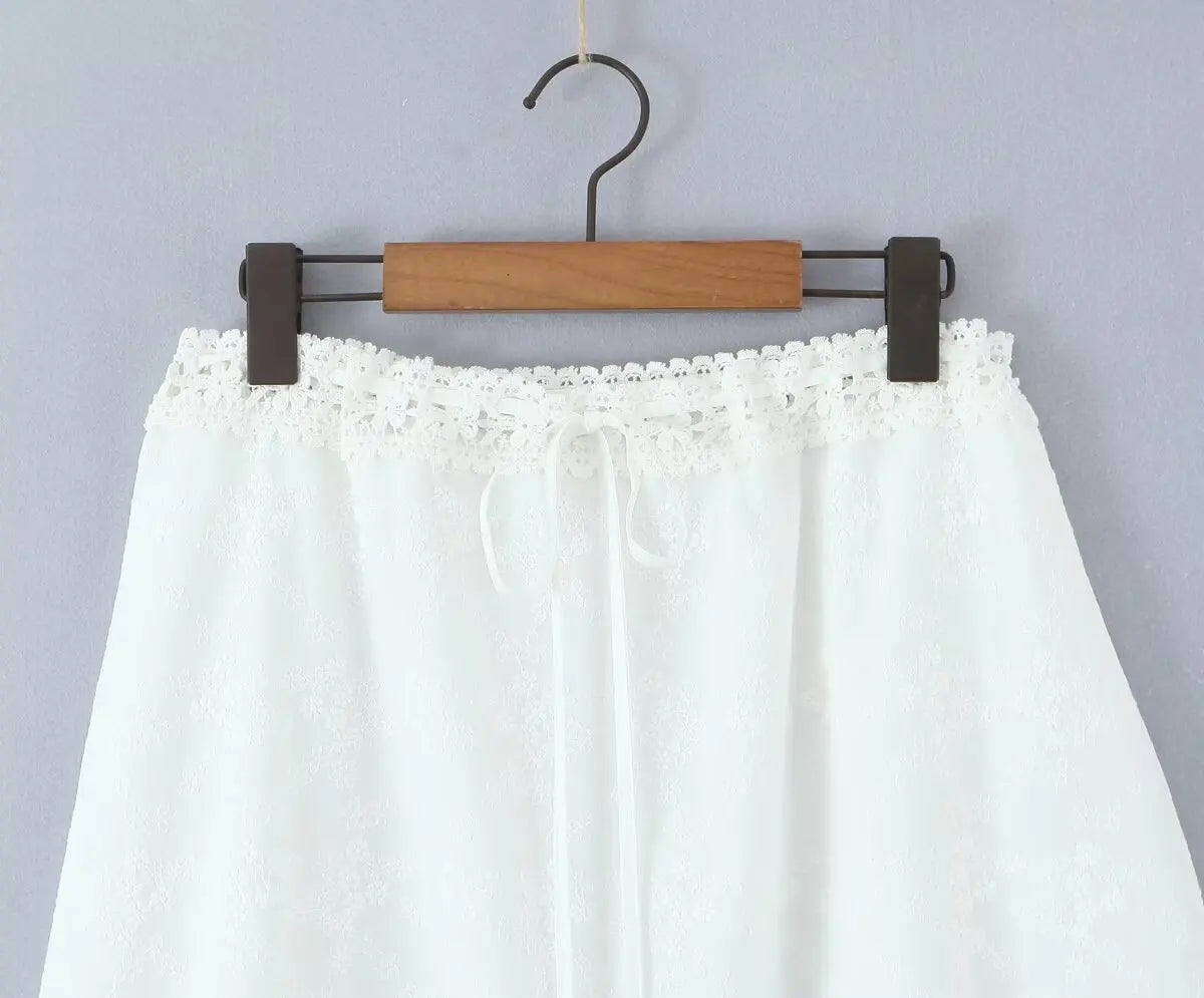 White Cotton Summer Skirt Women Embroidery A-line Long Skirt Spring Lace Up Beach Bobho Skirt Bottoms High Quality Faldas Mujer