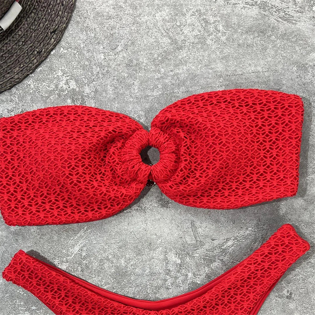 Wrinkled Bandeau High Cut Bikini Women Swimwear Female Swimsuit Two-Pieces Bikini Set Strapless Bather Bathing Suit Swim V3367