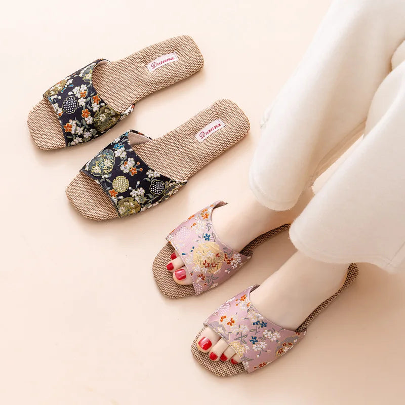 Breathable Indoor Linen Slippers For Women Men Home Floor Shoes Chinese Style Emrobidery Anti-slip Couples House Bedroom Slides