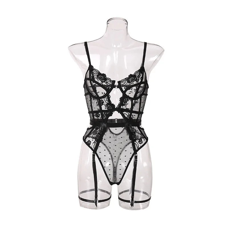 Toucheart Lace Sexy Skinny Babydoll Bodysuit Embroidery Erotic Private Adult Suit Solid Color Patchwork High Waisted Sexy Set